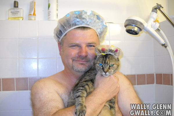 gwally.com: cat in the shower with shower cap